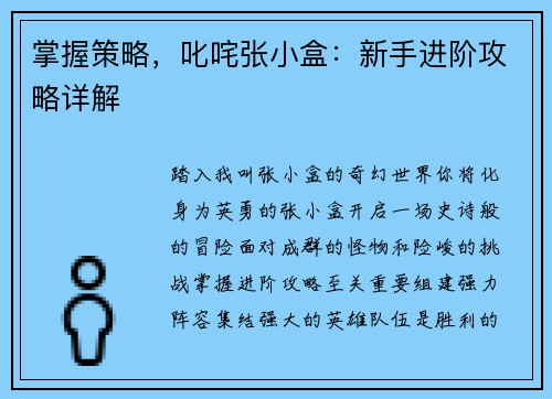 掌握策略,叱咤张小盒:新手进阶攻略详解